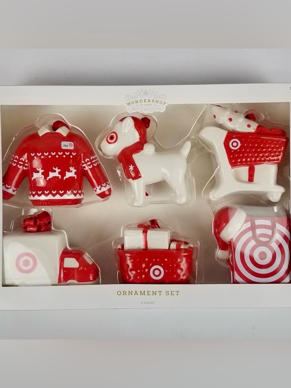 Target Wondershop Set of 6 Red and White Target Theme Ceramic Ornaments